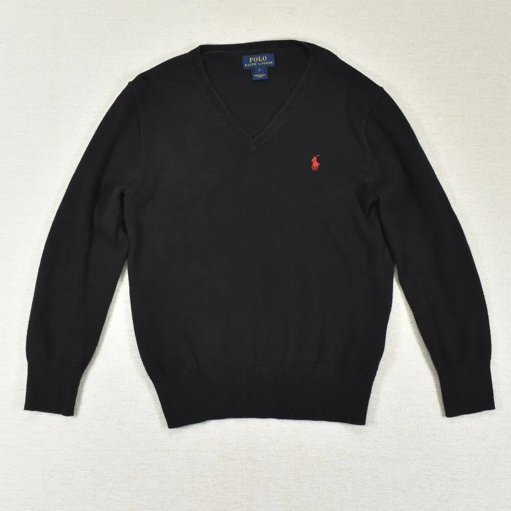 Polo Ralph Lauren Boys 7 Black V Neck Sweater Suede Elbow Patches Red Pony Knit